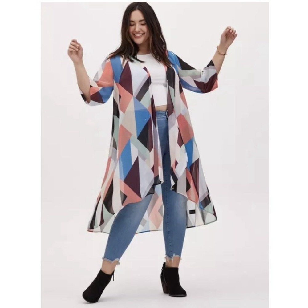 Torrid Colorful Geometric Chiffon Hi Low Duster‎ Flowy Boho Kimono Size 1X 2X